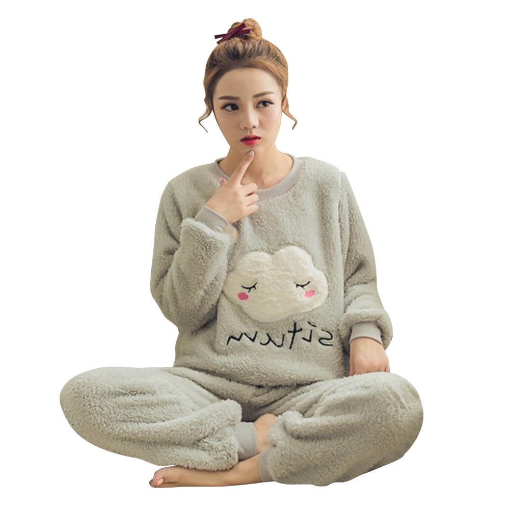 2pcs Korean Winter Warm Thicken Flannel Pajamas Set Sweet Women Long Sleeve Cartoon Print Leisure Homewear Sleepwear Tops+Pants: Grey / M