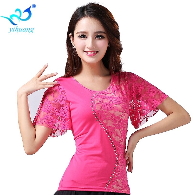 Ballsaal tanzen Kostüm Wettbewerb Spitzen Moderne Standard Tanzen Bluse Walzer Tänzerin Kurzen Ärmeln Latein Salsa Rumba #17: Rose Rosa / 4XL