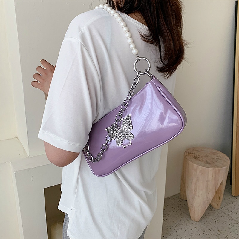 Vintage papillon perle chaîne femmes épaule bandoulière sacs diamant dames Baguette sacs à main sac d'aisselles soirée pochette sac à main