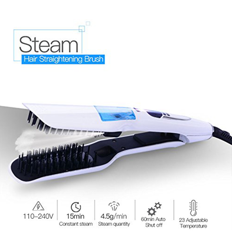 Newest Hair Straightener Brush Brush Comb Salon Wet Dry Fast Ionic Steampod Mist Flat Iron Electric White LCD