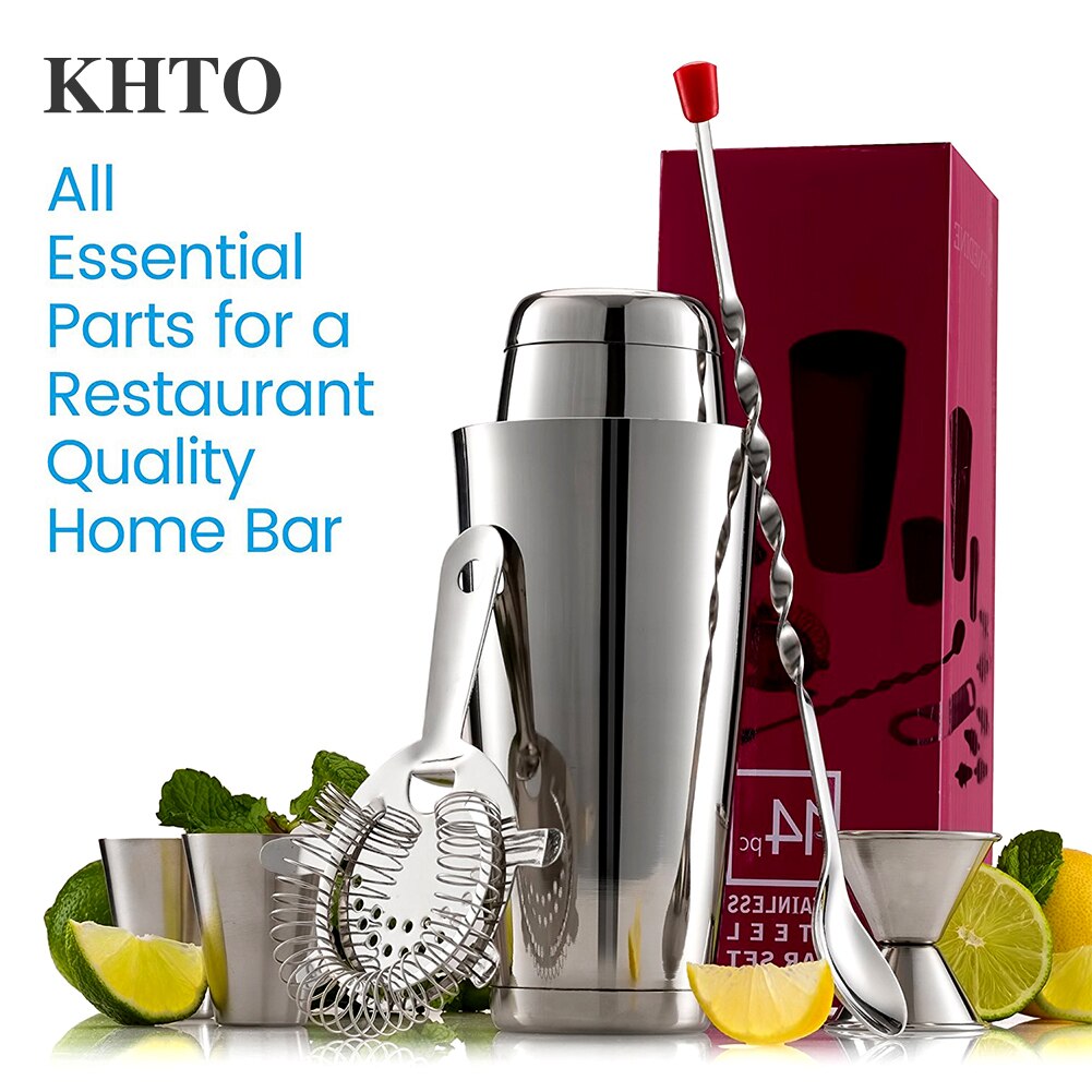 KHTO 14 stks Rvs Cocktail Set Barman Kit Rvs Shaker Mixer Drinken Wijn Gereedschap voor Cocktail