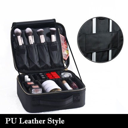 Kvinner merke makeup case full kosmetisk veske arrangør skinn skjønnhet manikyr reise sminke koffert: En stil svart