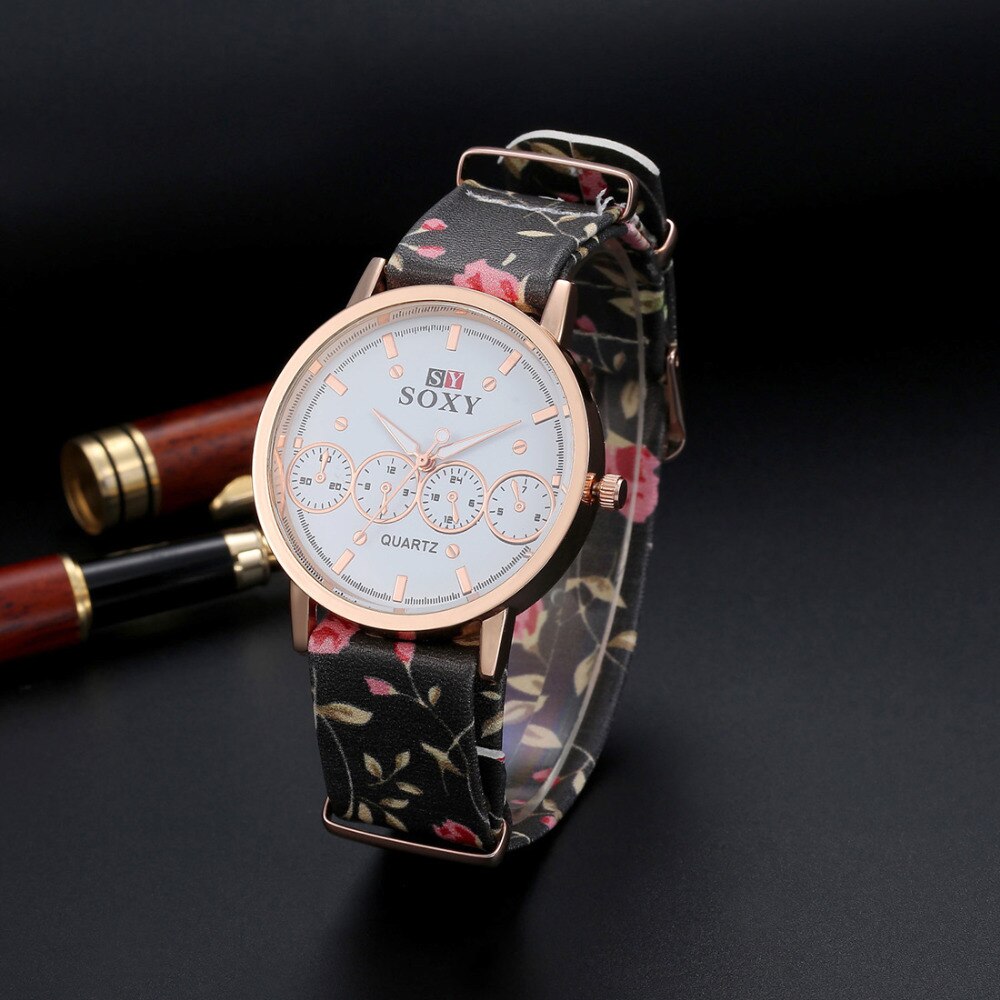 Kobiety luksusowej marki zegarek SOXY moda złoty zegarek kobiety ubierają pasek ze skóry zegarek kwarcowy panie godzin zegar panie prezent Relogio Feminino