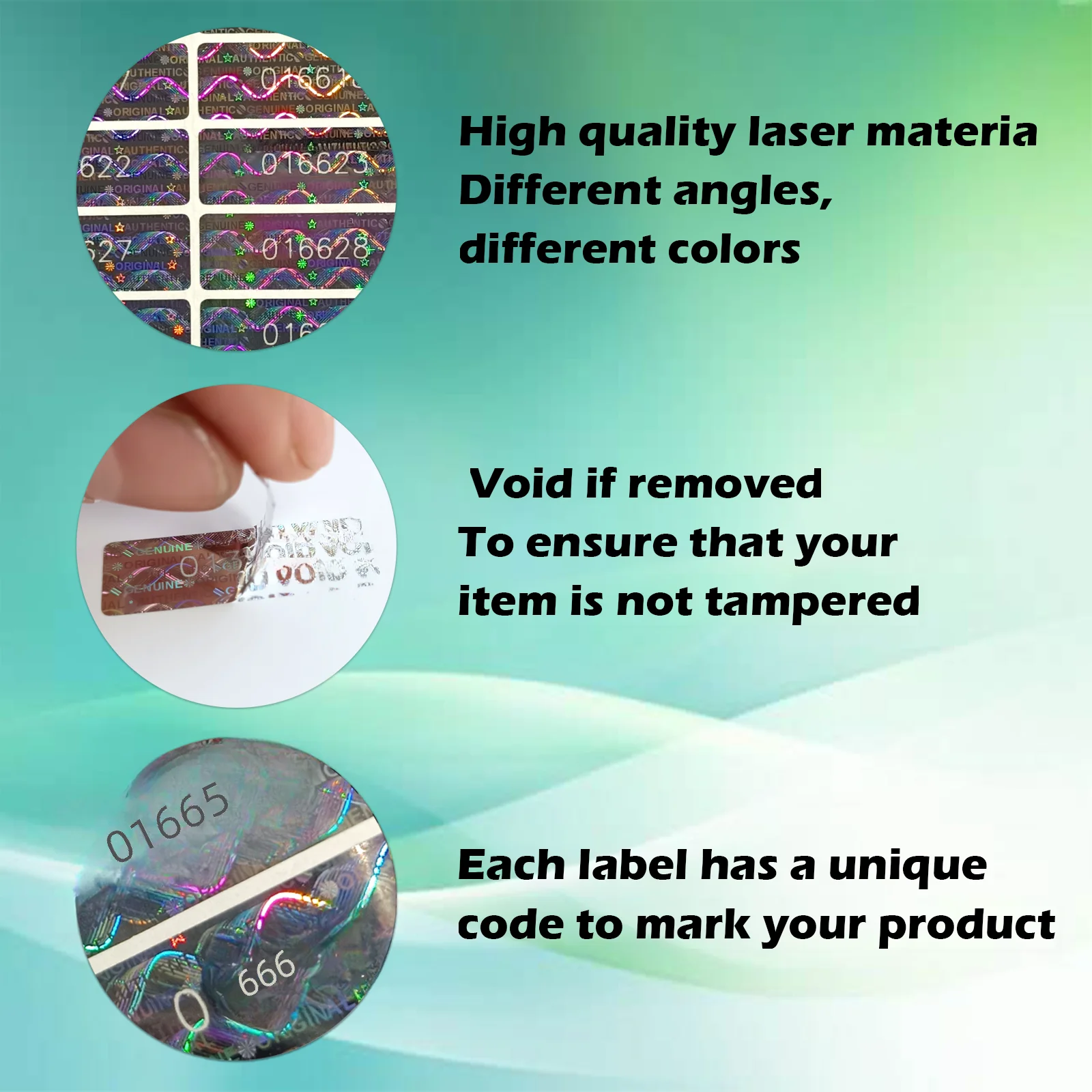 Holograficzna naklejka zabezpieczająca, etykiety zrujnowania gwarancji z unikalnym numerem seryjnym, bezpieczna srebrna zabezpieczenie przed manipulacją, 1x3 cm