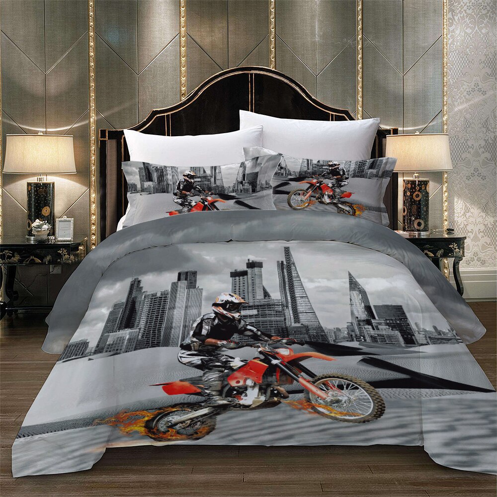 Juego de cama gris con estampado de moto, funda de edredón de tamaño Queen, funda de almohada, ropa de cama para el hogar, ropa de cama King Size 3D