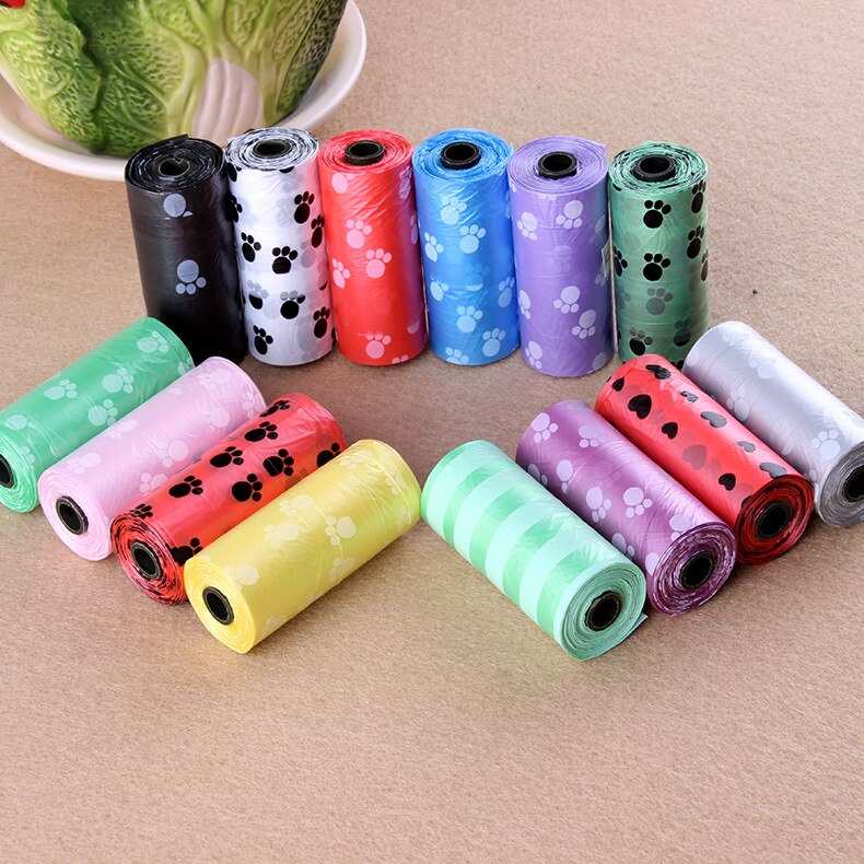 Bolsa de basura con estampado de pata para caca de perro, rollo de 15 bolsas, para residuos de mascotas, para exteriores, limpieza del hogar