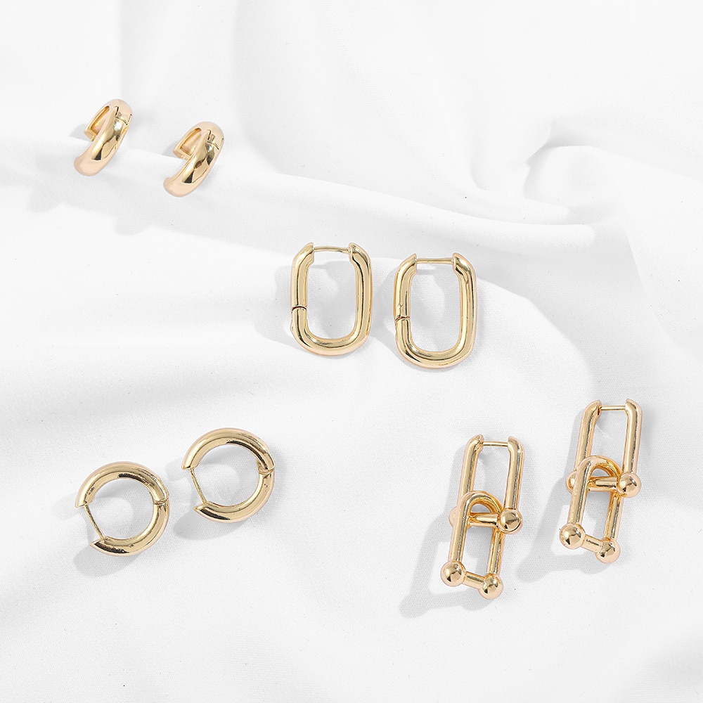 Minimalist Thick Link U Shape Geometric Earrings For Women Gold Chunk Circle Hoops Round Copper Brincos Jewelry