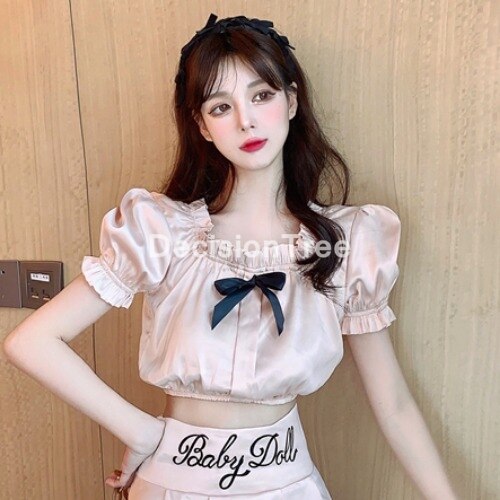 Meisje japanse koreaanse student schooluniformen strik satijnen jk shirt matrozenjurk vrouwen kawaii zoete geplooide rok pak set: Toppen / S