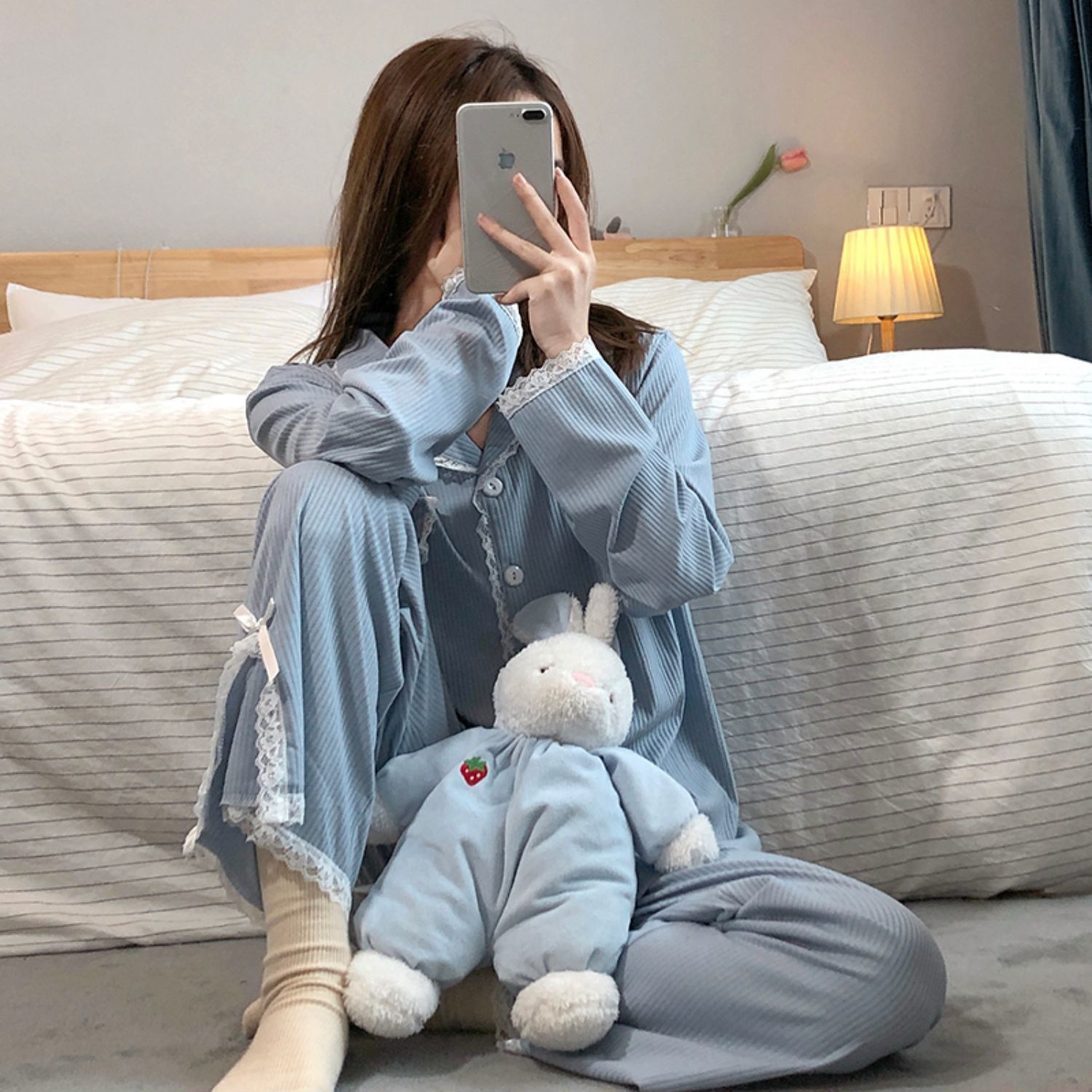 Conjunto de pijama de estilo japonés para mujer, ropa de dormir Popular, de lazo, Chic, Ulzzang, cuello vuelto, suelto y cómodo, otoño