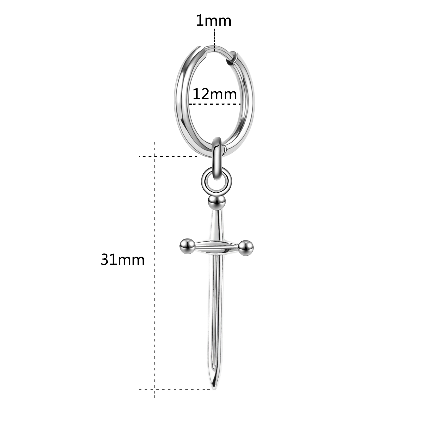 Zs 1Pc 20G Punk Zwaard Oorbel Rvs Kwastje Oorringen Zwarte Ketting Oor Hoepel Voor Dna Jongen crossear Piercing Sieraden: WHITE / Rhodium Plated