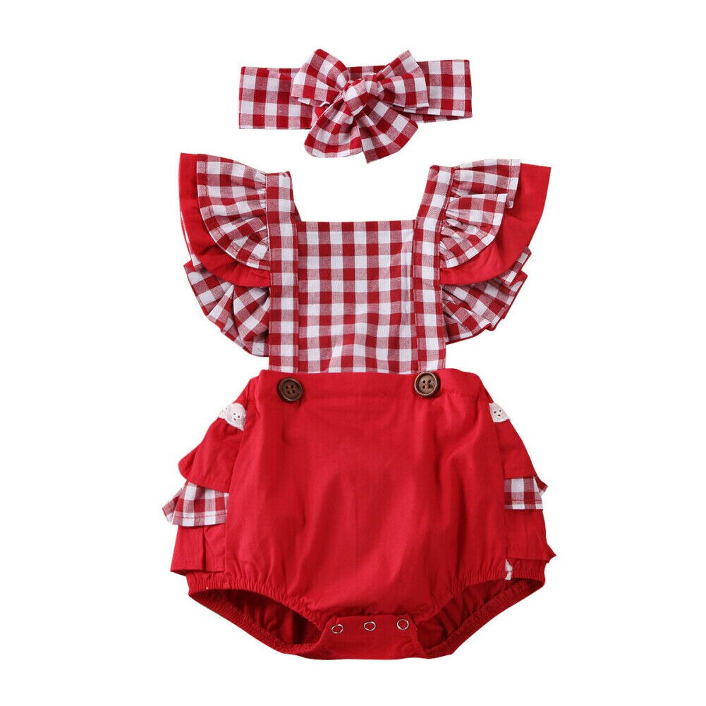 2 STUKS Baby Baby Meisje Xmas Rompertjes Hoofdband 2 stuks Backless Ruche Mouw Plaids Print Romper Overall Outfit Sunsuit: Plaid / 18m