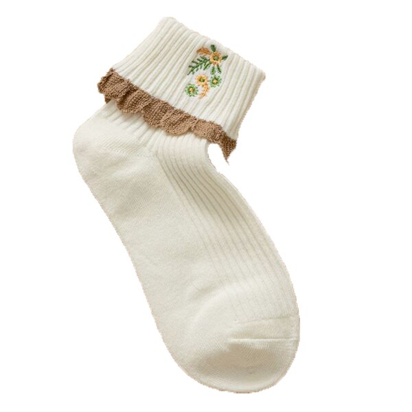 Calcetines con bordes de encaje para Mujer, medias con bordado de flores, Estilo Vintage, invierno, 2 pares: E 1Pair