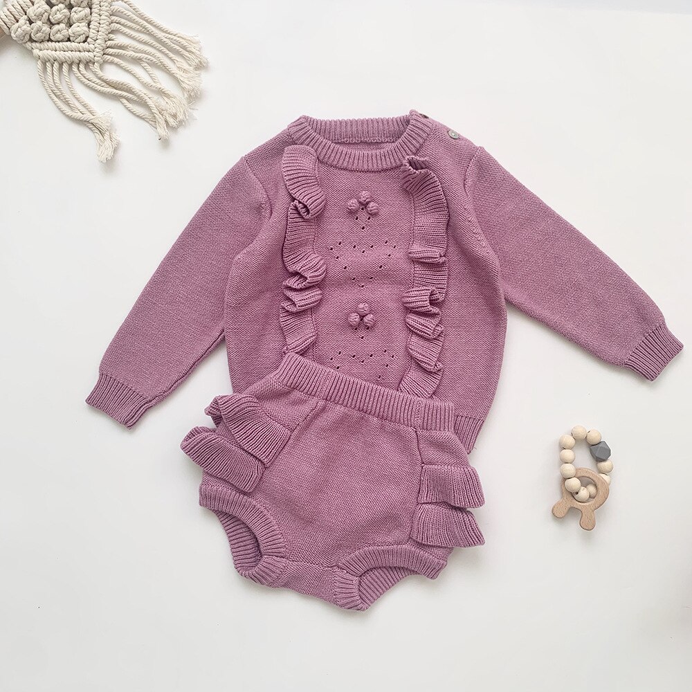 Baby flickor tröja stickad nyfödd baby kläder set volanger spädbarn jumpsuit småbarnströja med byxa för flicka pojke kläder set: Beige / 9m