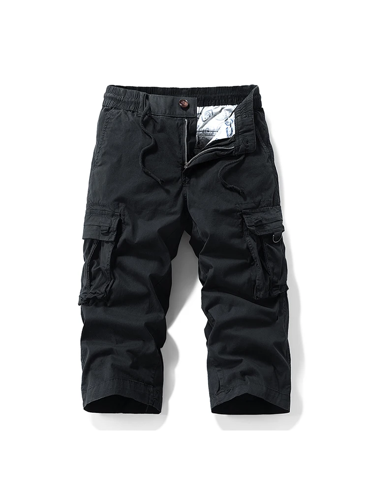Pantalones Cargo con múltiples bolsillos, pantalones Capris rectos de algodón lavado, ropa de trabajo con cintura elástica, pantalones holgados, pantalones de verano hasta la pantorrilla para hombre: 32 / Negro