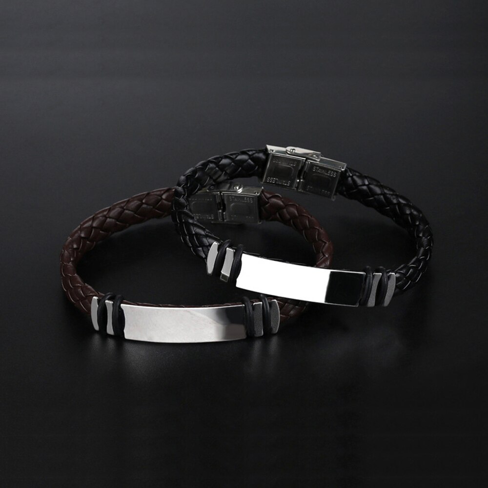 Retro boho Black Braid Woven Leather Stainless Steel Bracelet Men Bangle Men Jewelry Vintage Couple