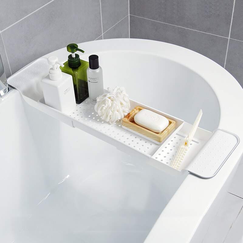 Strækbart badekar opbevaringsstativ badekar bakke hylde kar multifunktionelt badeværelse værktøj håndklæde opbevaring hylde køkkenvask afløbsholder