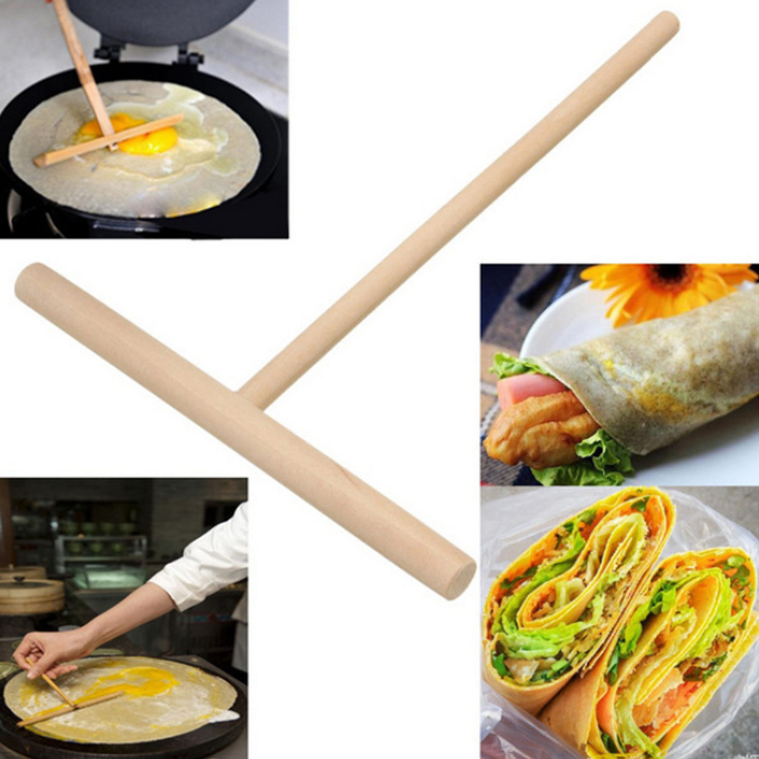 Behogar 2PCS T-shaped Wooden Batter Crepe Jianbing Pancake Spreader Sticks for Restaurant Home Kitchen Cooking Tool 16x12cm
