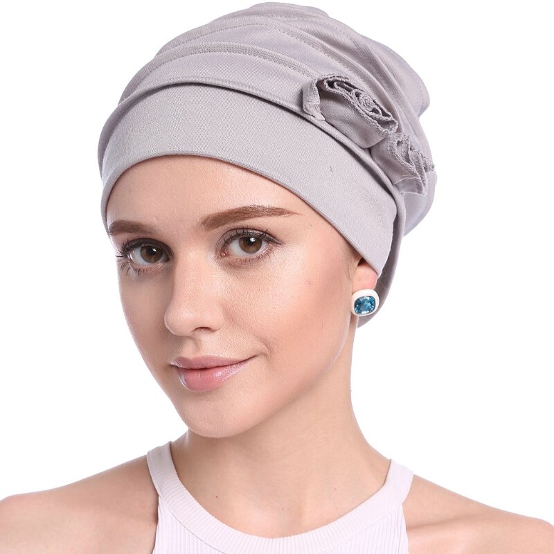 Women Ruffle Chemo Turban Scarf Beanie Cap Hat for Cancer Patient: Gray