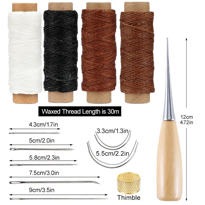 Kit de couture en cuir avec fil ciré, 16 pièces/ensemble, aiguille, poinçon, dé à coudre, outils de travail pour toile de cordonnier