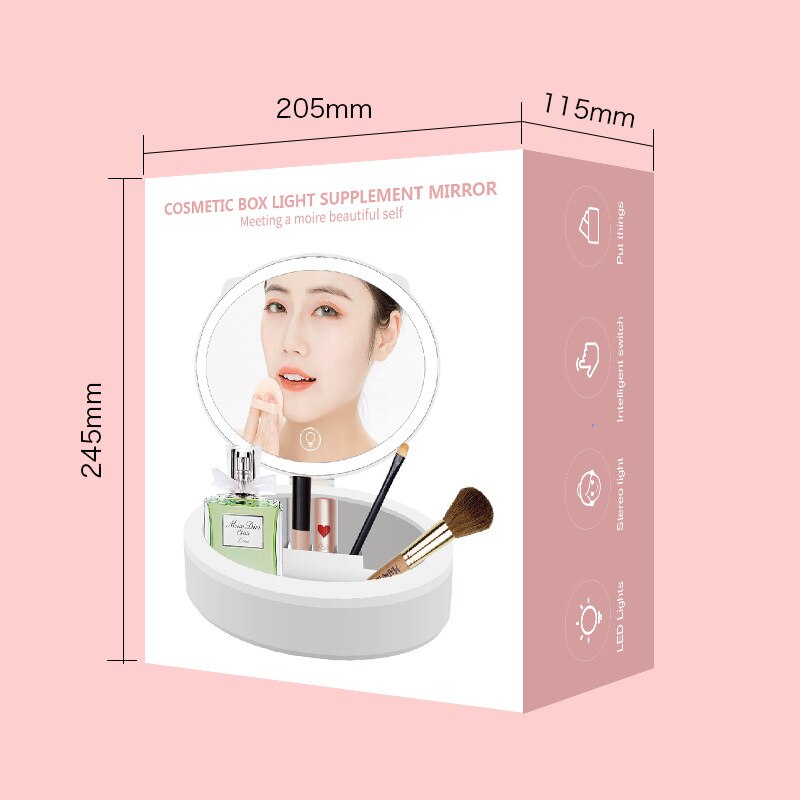 Make-upspiegel met led-verlichting en 10x vergrootspiegels, make-up organizer, touchscreen, usb-oplaadfunctie, cosmeticaspiegels