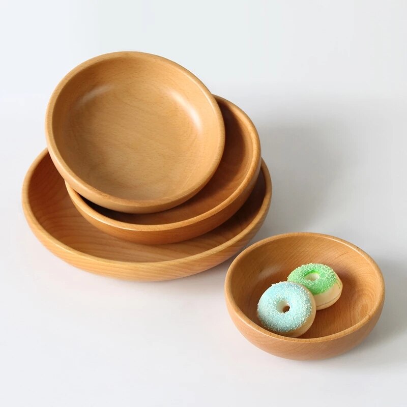 Round Wooden Salad Soup Dining Bowls Plates Storage Home Kitchen Bowl