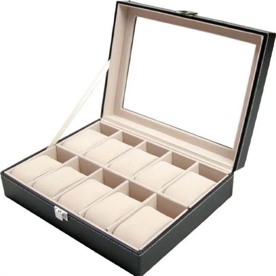 DELESYS-Vitrine de montre en cuir PU avec dessus en verre, boîte de rangement pour bijoux, style classique, 2 emplacements, 3 emplacements, 4 emplacements, 5 emplacements, 6 emplacements, 8 emplacements, 10 emplacement