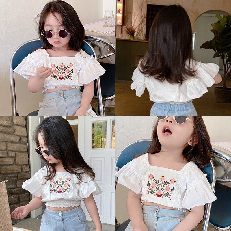 ♕s Sweet Girl Shirt Embroidery Lace Shirt Short Top Childrens Clothing