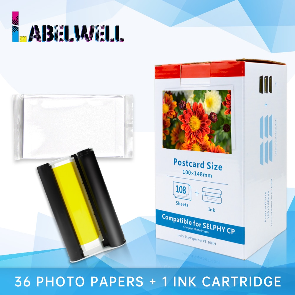 Labelwell 1 Set KP 108IN KP-36IN Compatible for Canon Selphy Photo Printer CP1300 CP1200 CP910 CP900 KP-108IN KP 36IN Cassette