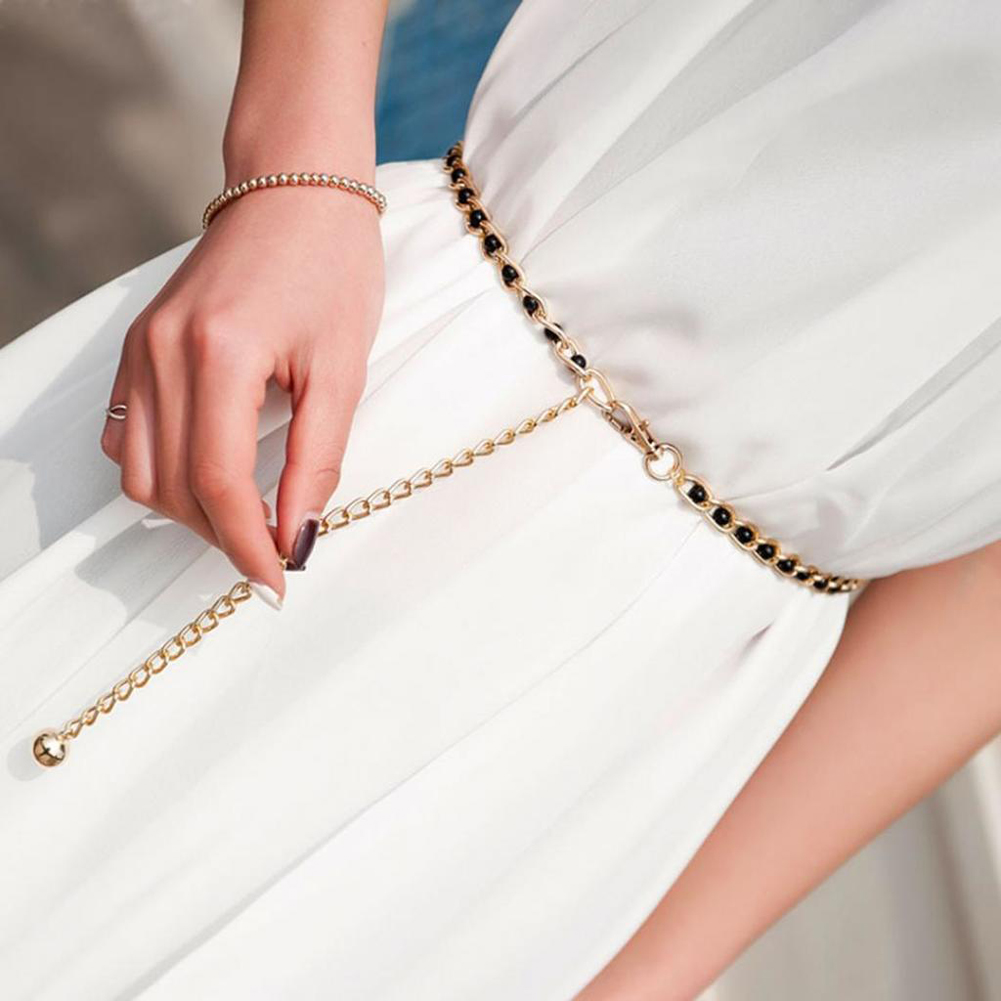 Women's Candy Color Pearl Beads Metal Thin Waist Belts Luxury Brand Harajuku Slim Chain Belt Dress Accessories Cinturon Mujer