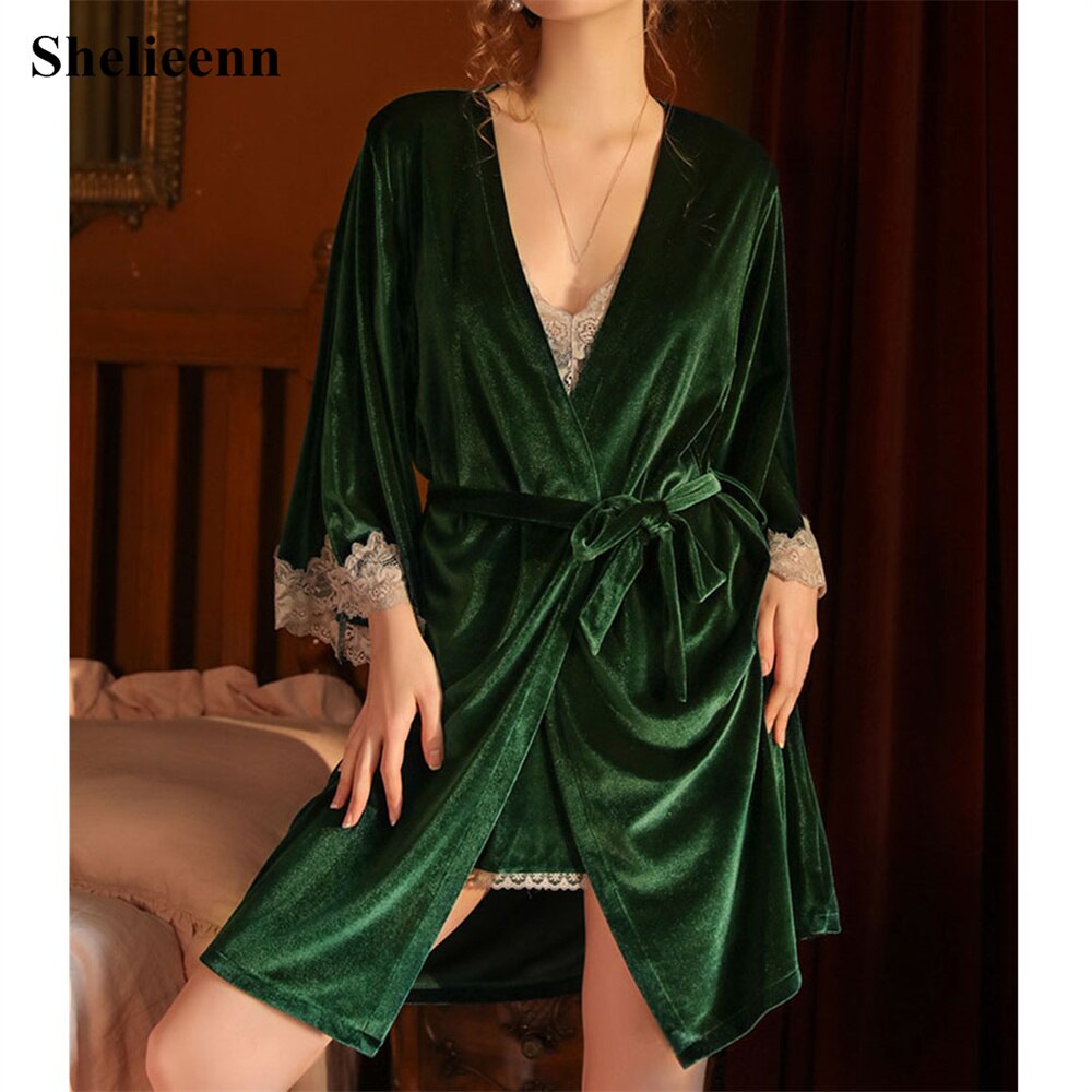 Velvet Kimono Robe Bathrobe Women Lace Bridesmaid ... – Vicedeal