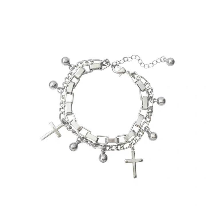 Zilver Kleur Gelaagde Ketting Armband Voor Vrouwen Leven Boom Charme Armband Mode Vrouwelijke Vierkante Link Chain Armband Sieraden: cross