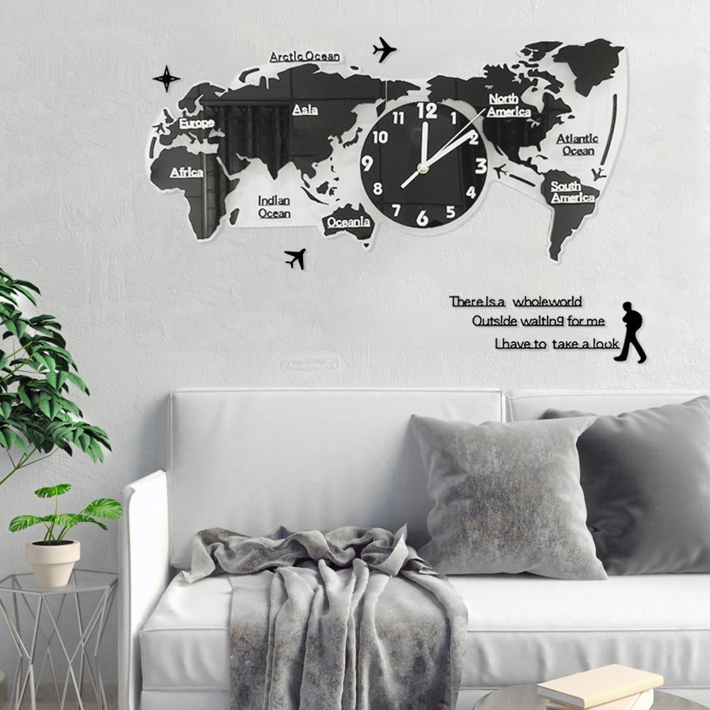 Unique Acrylic Wall Clock World Map Wall Hanging Clock Wall Clock With World Map For Home Living Room Without Battery