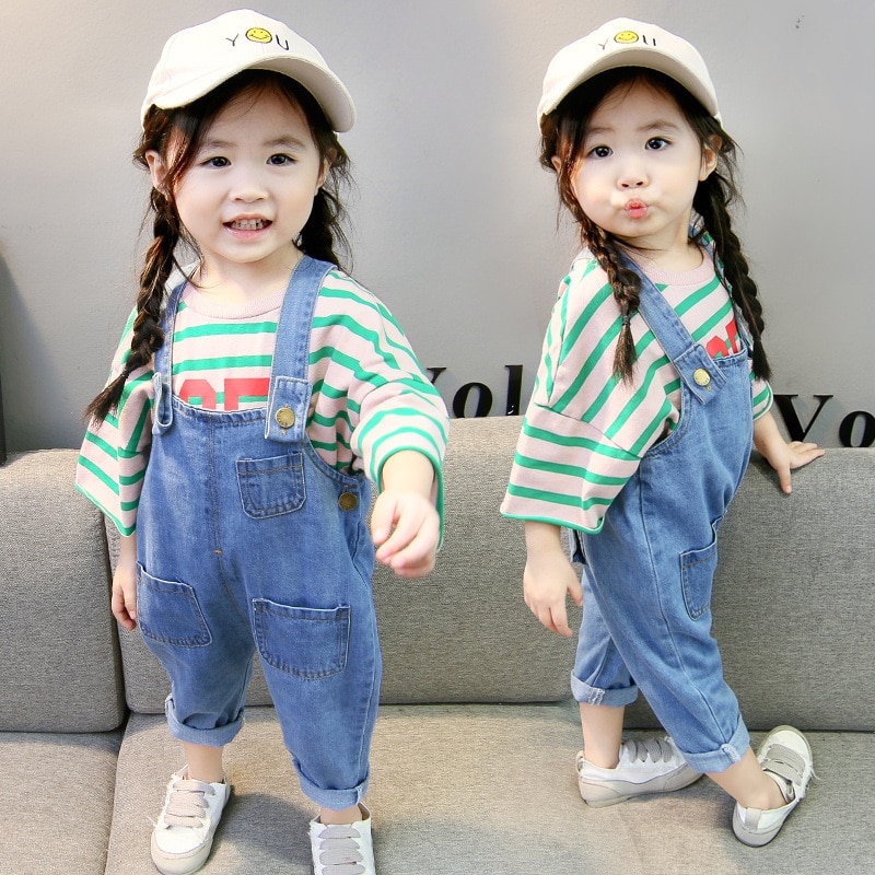 Kids denim overalls lente meisjes cowboy band leggings kinderen Koreaanse riem broek 3 tot 8 jaar kind harem jeans kleding