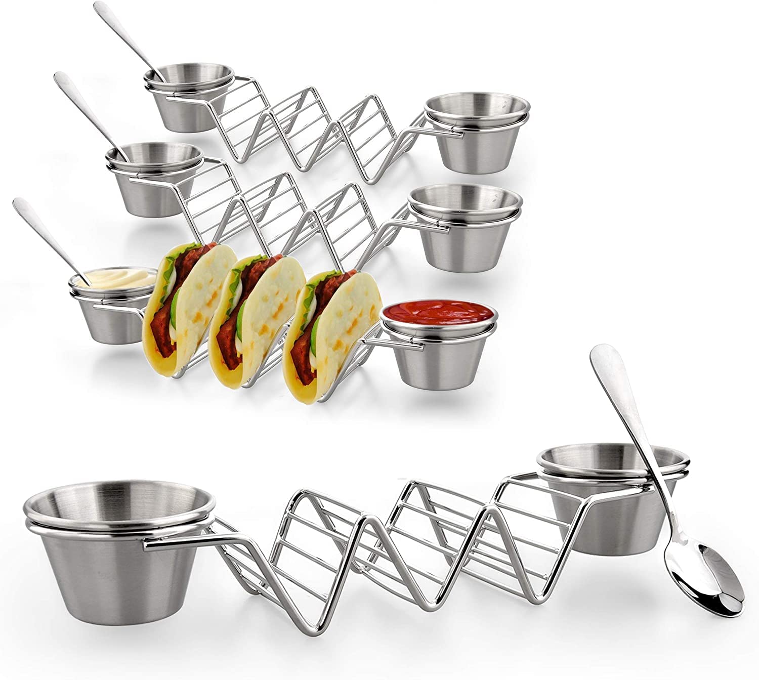 Stainless Steel Wave Shape Taco Holders Slots Kitchen Tableware Mexican Food Rack Double-Sided Seasoning Cups for Restaurant