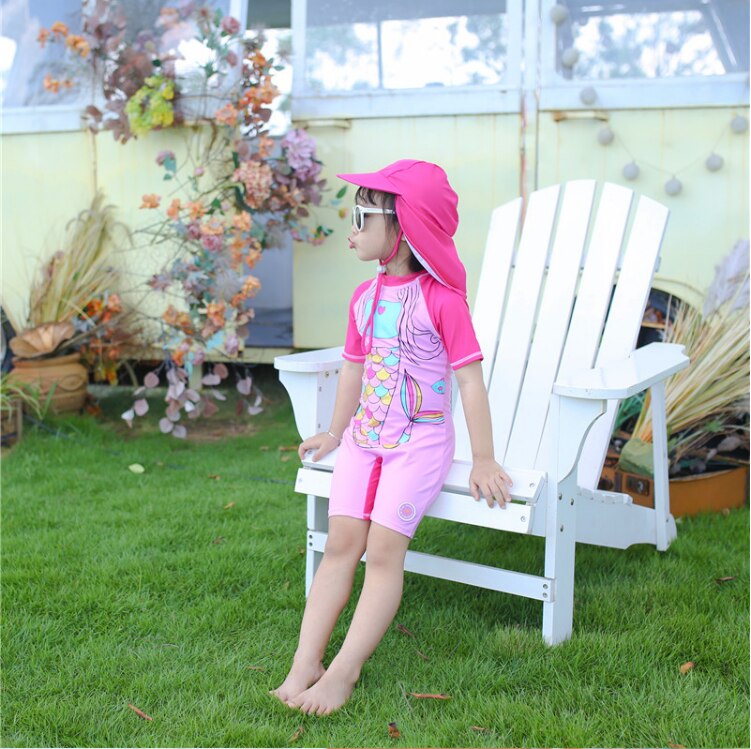 Girls Swimsuits Pink Beautiful Meimaid Swimsuit For 1-10years One-piece Litttle Girls With Hat Lovely Sun Protection
