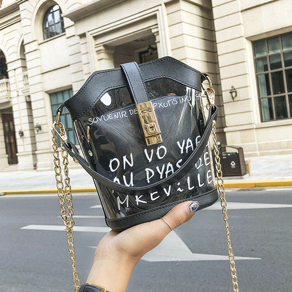 Stil kvinder klare gennemsigtige kæder lås håndtaske messenger sammensat taske dame gelé pung kobling pvc tote taske: Sort