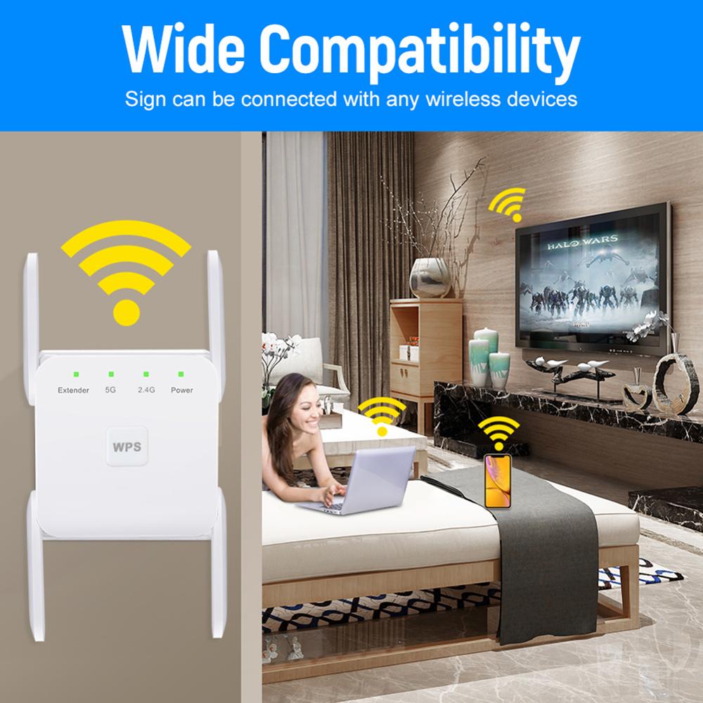 Home WiFi Repeater 2.4GHz/5GHz Four-Antenna Access Point RJ45 Interface WiFi Range Extender Signal Booster