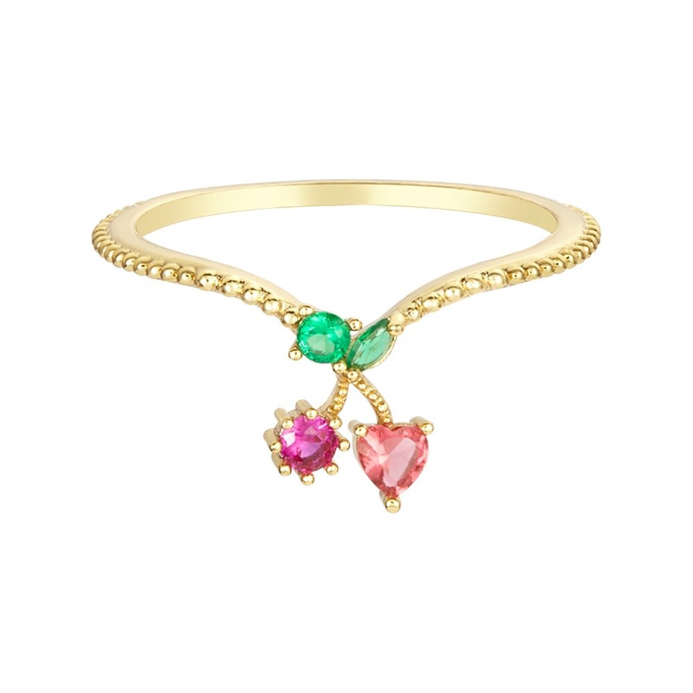 Sweet Crystal Apple Strawberry Cherry Grape Rings for Women Cute Fruit Gold Rings Set Party Jewelry Summer Style: Heart Cherry
