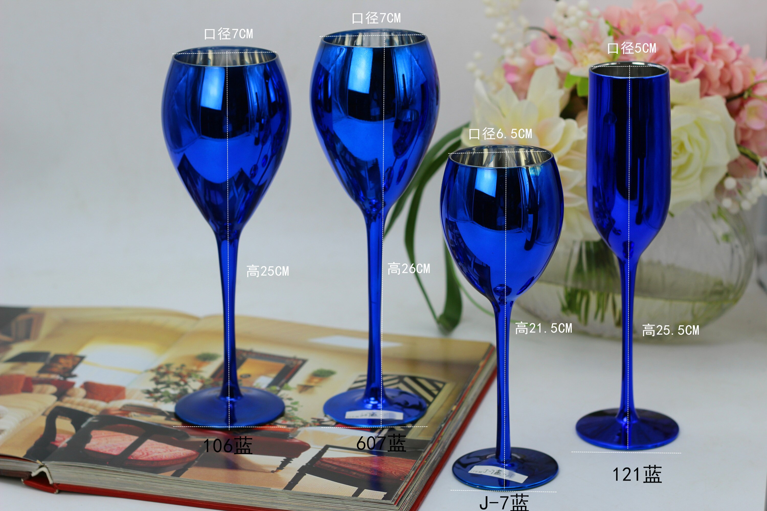 Blå farge plating metall glass beger vin champagne kopp bryllup rom dekor