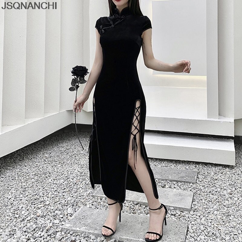 Cheongsam-Estilo de Mujeres gótico de satén, chino tradicional, Qipao dividido, Retro, , Vintage, ropa Oriental