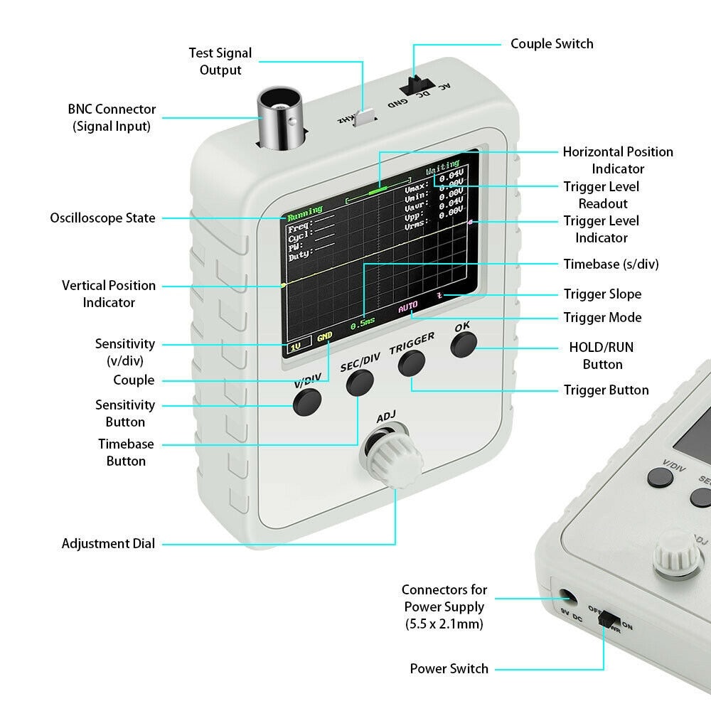 2.4 Inch TFT Digital Oscilloscope Kit with Power Supply BNC-Clip Cable Probe DS0150 Oscilloscope Assembled 200KHz Oscilloscope