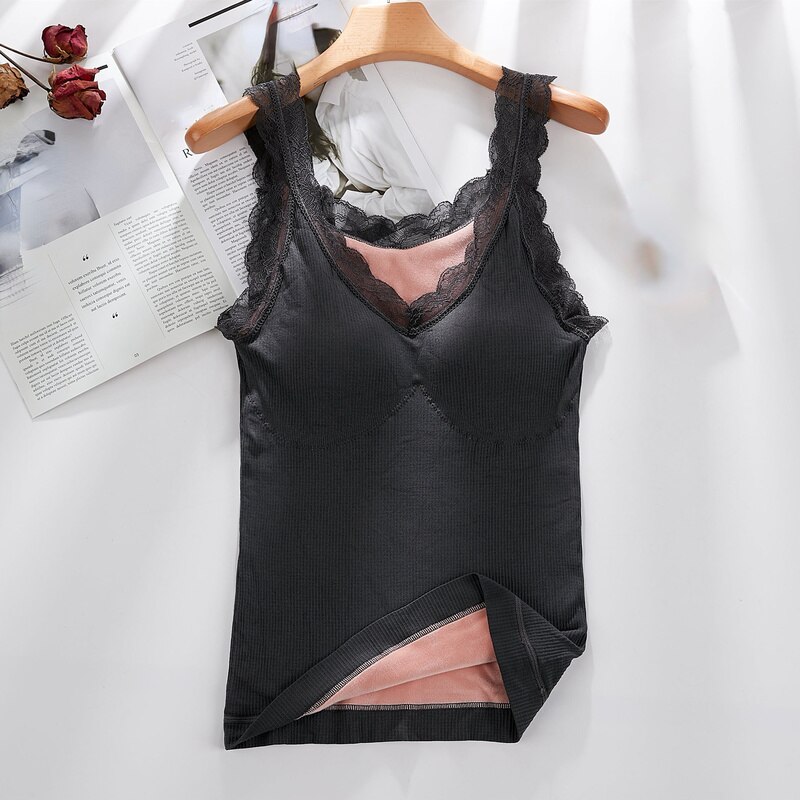 Débardeur Sexy en velours et dentelle pour femme, sous-vêtement thermique, col en v, Slim et , Camisole en coton, grande taille, 40-90Kg