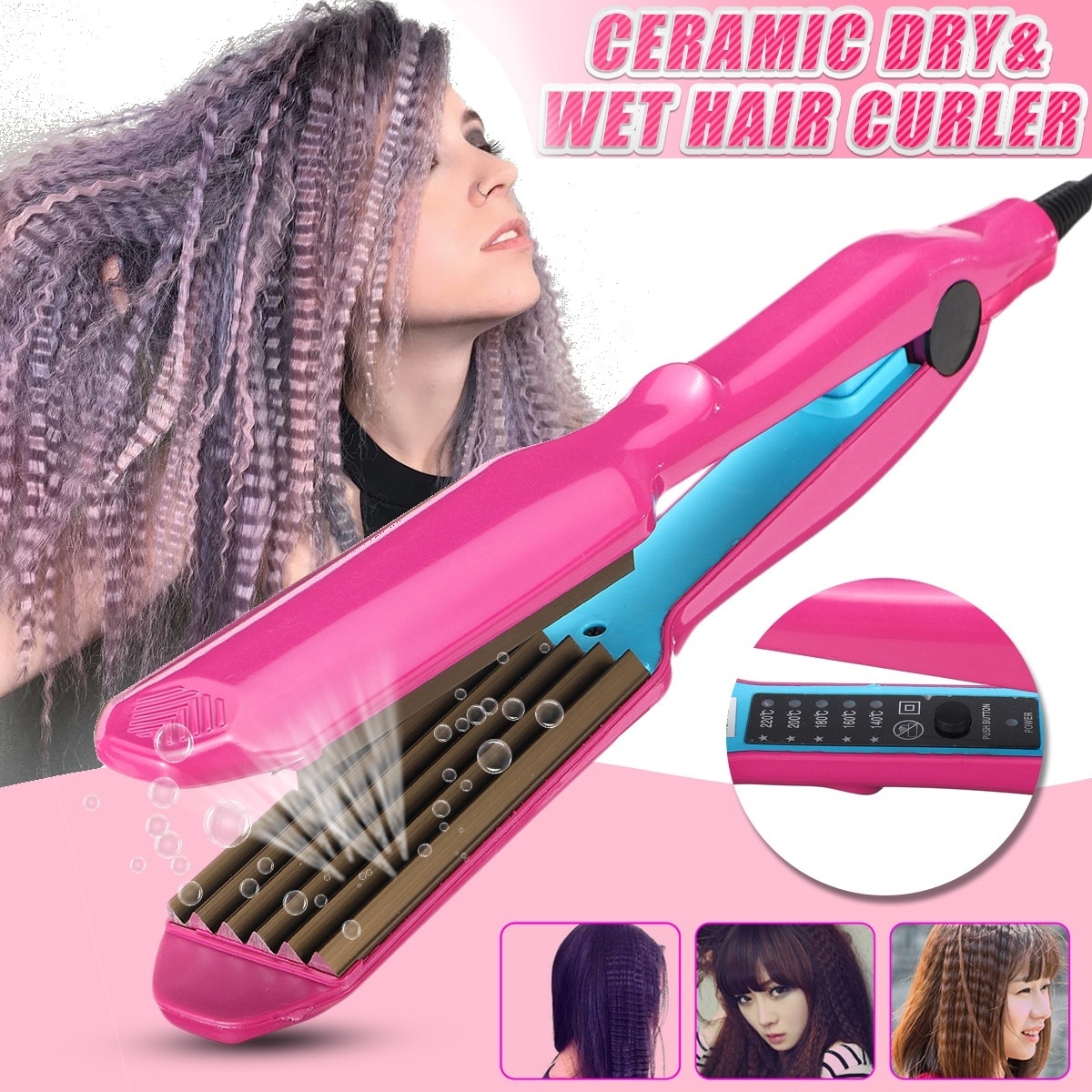 Hair Crimper Curler Dry &amp; Wet Use Corrugated Irons Ceramic Curling Iron with Temperature Control Waving Tool