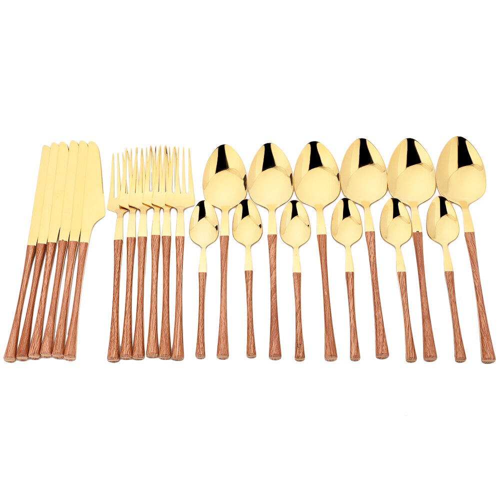 24Pcs Imitatie Hout Serviesje Rvs Servies Bestek Messen Thee Lepel Vorken Met Opslag Bestek Rek Geschenkdoos: Brown Gold