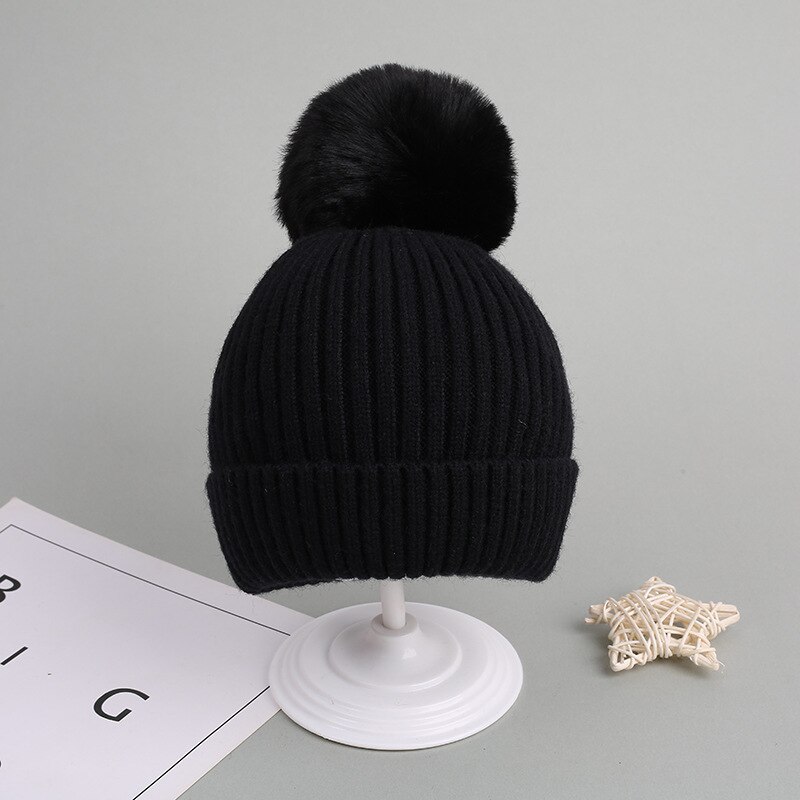 Bonnet tricoté épais et pour enfant, chapeau à pompon, couleur unie, accessoires pour fille et garçon, automne et hiver: Black