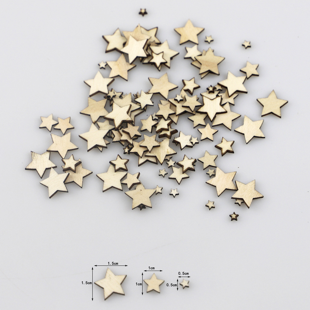 100PCS Mixed Size Wood Star Crafts Natural Unfinished Wooden Star Cutouts Blank Wooden Crafts Pieces Wood DIY Scrapbook Party