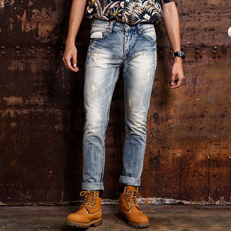 Streetwear de los hombres pantalones vaqueros de Slim luz azul Jeans hombres bordado pantalones de Hip Hop pantalones vaqueros hombre