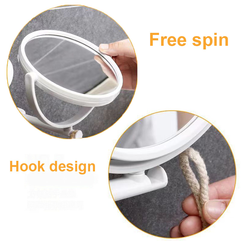 Espejo de baño sin taladro montado en la pared, 360 ° Espejo de tocador plegable giratorio de doble cara para organizador de maquillaje de dormitorio (blanco)