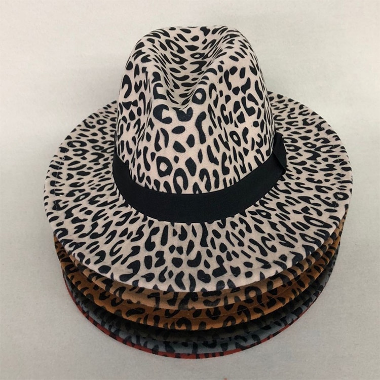 LVTZJ-sombreros de fieltro de lana Unisex para hombre y mujer, sombreros Fedora de Jazz de estilo Simple con borde plano, banda de cuero de grano de leopardo, decoración Trilby Panamá, sombreros formales