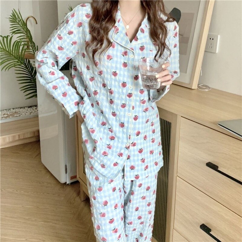 Pijama de algodón para mujer, ropa de dormir con estampado Floral coreana, conjunto de 2 piezas, para el hogar, Primavera